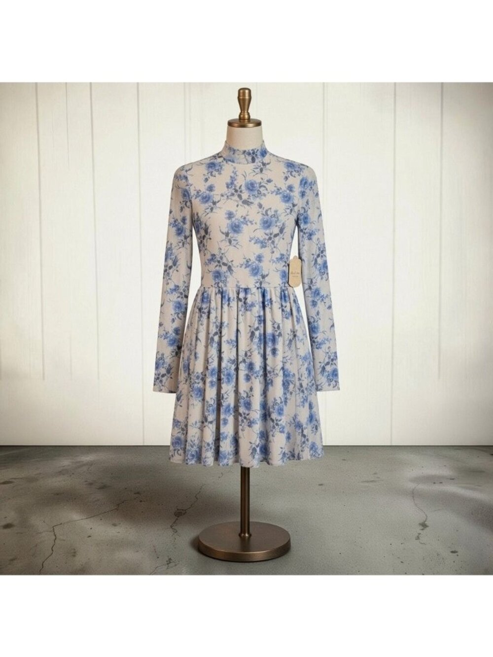 Altar'd State Diya Blue Floral Mesh Long Sleeve Mock Neck Dress Small S Modest